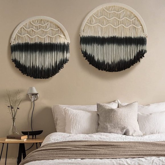 Boho Black Ombré Cream Macrame Circle Hippie Indie Tie-Dye Dipped Home Decor - Picture 2 of 10